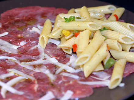 ROMANTIC BEEF CARPACCIO WITH GARLIC-CHILI PASTA SALAD