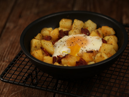 Chorizo and Baked Eggs with Boiled Potatoes (Student Potatoes Reimagined)