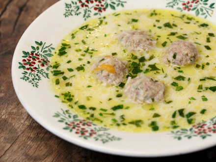 TRADITIONAL PORK RIB SOUP WITH SOUR CREAM AND TARRAGON MEATBALLS