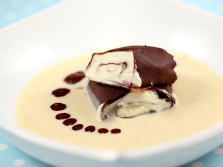 AFRICAN-INSPIRED COCOA CREPES WITH MASCARPONE FILLING AND VANILLA SAUCE
