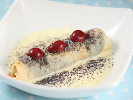 POPPY SEED STUFFED CREPES WITH VANILLA CREAM AND SOUR CHERRIES