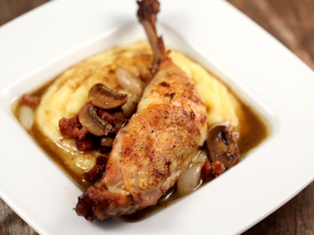 COQ AU VIN - MY VERSION WITH RED WINE SAUCE, BACON, AND MUSHROOMS