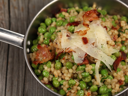 PEA & COUSCOUS WITH CRISPY BACON AND HARD CHEESE