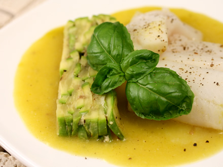 LIGHT HALIBUT WITH YELLOW TOMATO SAUCE AND ZUCCHINI TERRINE