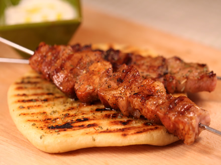 COMPLETE GREEK MEAL: GRILLED PORK SKEWERS, GRILLED PITA & HERB YOGURT SAUCE