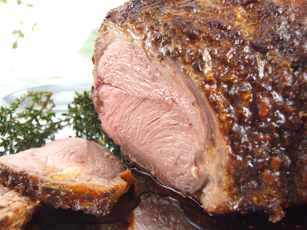 ROASTED LEG OF LAMB WITH ANCHOVY-MUSTARD MARINADE AND GARLIC — SERVED WITH SIMPLE YOGURT SAUCE