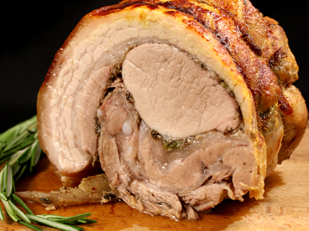 SLOW-ROASTED PORK BELLY AND TENDERLOIN ROLL WITH HERB-ANCHOVY MARINADE