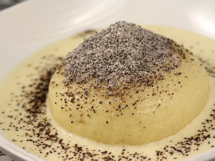 STEAMED PRUNE DUMPLINGS WITH POPPY SEED TOPPING AND VANILLA SAUCE (CREME ANGLAISE)