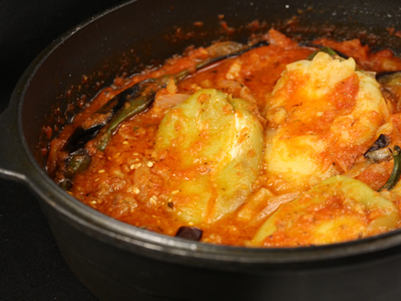 ROASTED PEPPER & VEGETABLE STEW WITH CHEESE-STUFFED PEPPERS