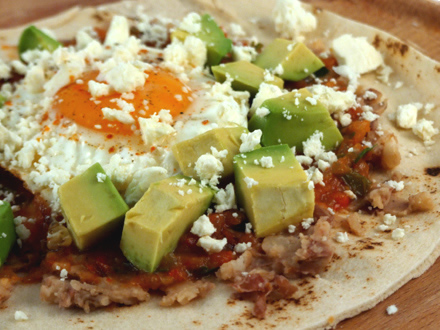 Quick Mexican Breakfast Tortilla with Refried Beans and Avocado