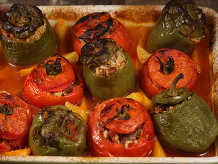 GREEK GEMISTA: STUFFED TOMATOES AND PEPPERS WITH BEEF AND RICE