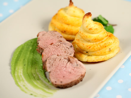 FESTIVE PORK TENDERLOIN WITH CREAMY PEA PUREE AND POTATO ROSETTES