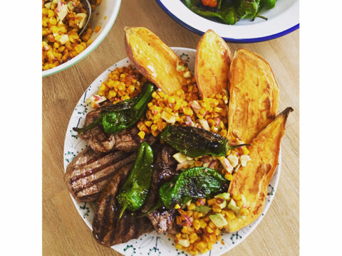 Grilled Beef Tenderloin with Padron Peppers, Roasted Sweet Potatoes & Corn Salsa