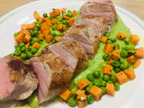 SLOW-COOKED PORK TENDERLOIN WITH PEAS PUREE AND SWEET POTATO SAUTÉ