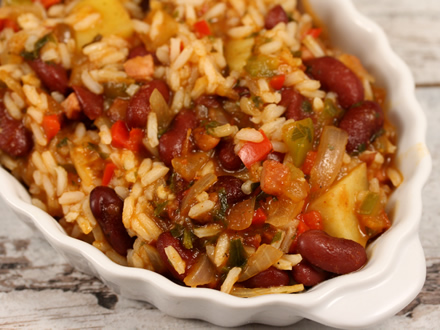 PUERTO RICAN INSPIRED RED BEANS WITH RICE AND SMOKY BACON