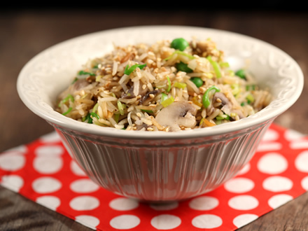 FLAVORFUL VEGAN SESAME FRIED RICE WITH MUSHROOMS & GREENS