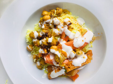Aromatic Lunch Box: Turmeric Rice, Curried Chickpeas & Roasted Sweet Potatoes with Spicy Oil and Yogurt Sauce
