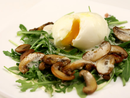 Romantic Breakfast for Two: Soft Eggs with Sautéed Mushrooms, Arugula & Parmesan Sauce