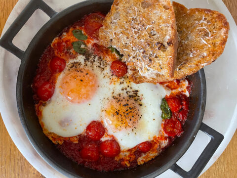 Italian-Style Spicy Shakshouka with Nduja and Parmesan Toast