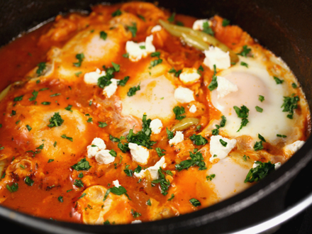 Hearty Family-Style Shakshuka: Tomato Sauce with Poached Eggs