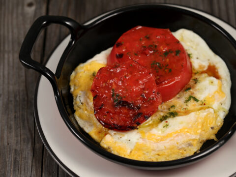 Marbled Eggs with Grilled Tomatoes and Basil Sauce